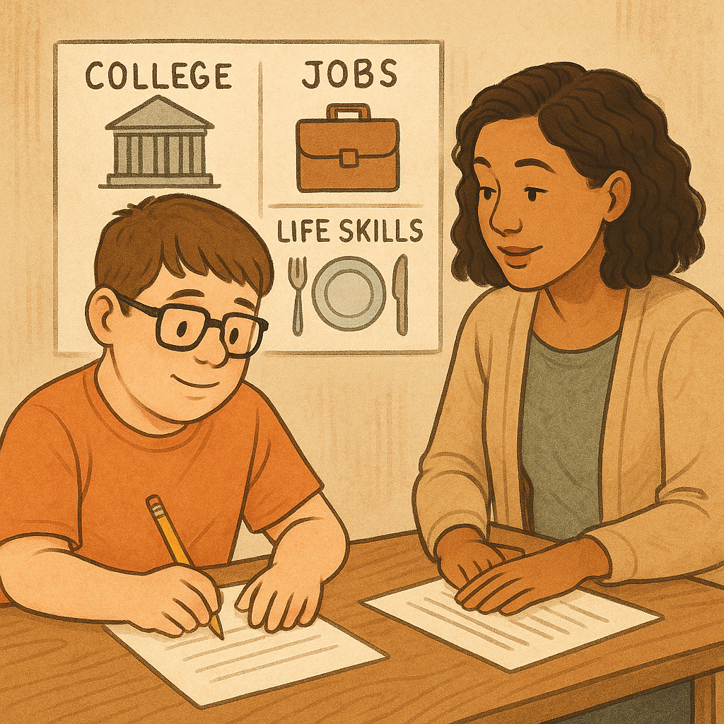 Teacher helping a high school student with disabilities using charts for college, jobs, and life skills as part of transition planning for special education students