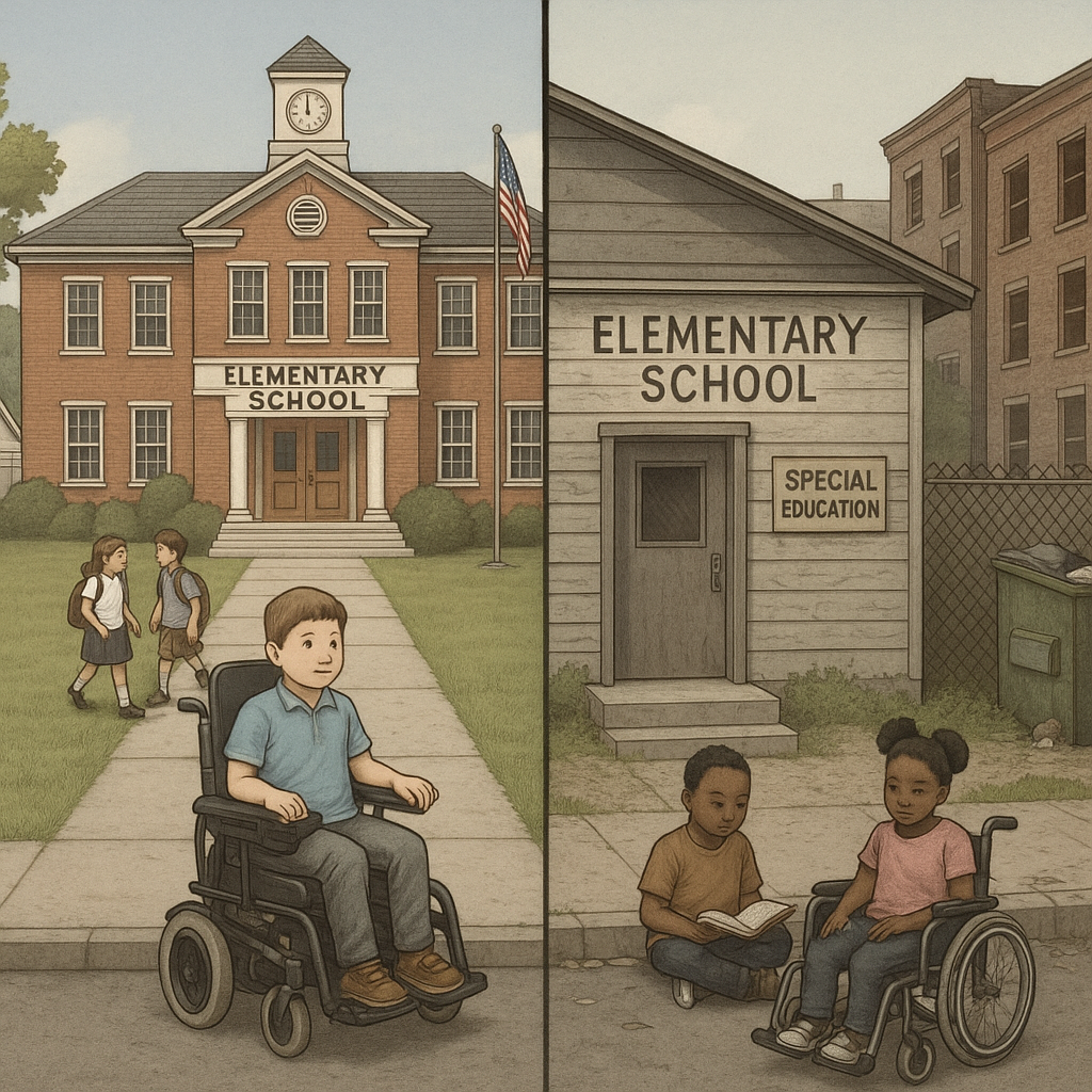 Split illustration of two neighborhoods showing differences in school quality and special education resources due to zoning inequalities