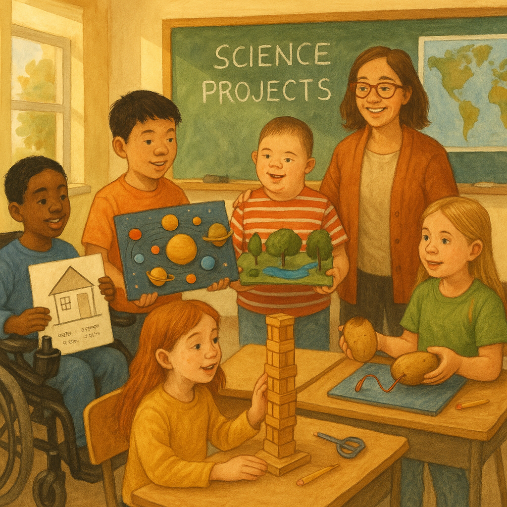 A diverse group of special education students using real-world materials and presenting projects in a bright classroom with a supportive teacher.