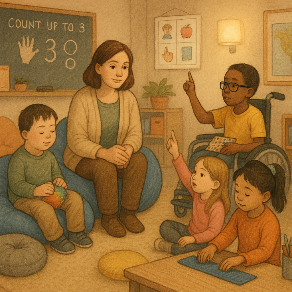 Supportive special education classroom with trauma-informed elements like sensory tools and calm lighting.