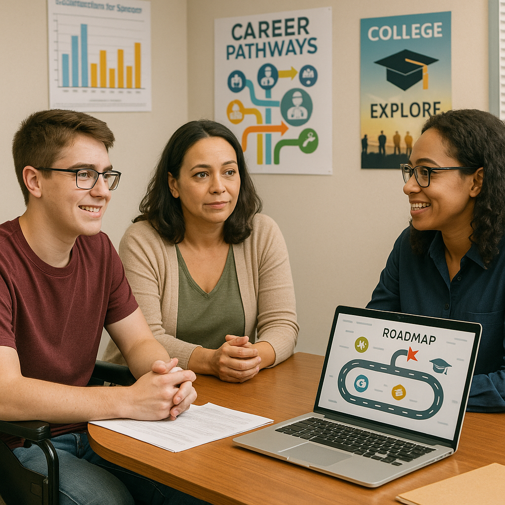 A high school student with a disability sits with a parent and counselor at a transition planning meeting, surrounded by charts, career posters, and a laptop displaying a roadmap to future goals.