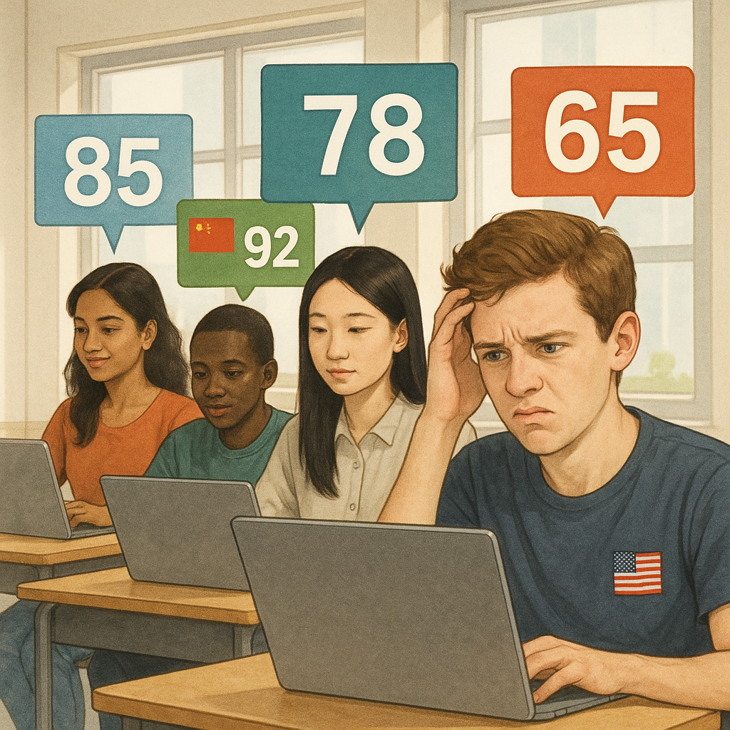 Student test score comparisons by country shown through virtual classroom scene.