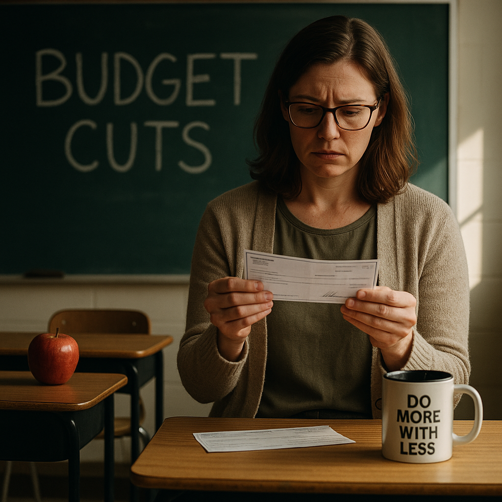 Teacher pay and benefits in public schools illustrated with underpaid teacher in budget-strapped classroom.