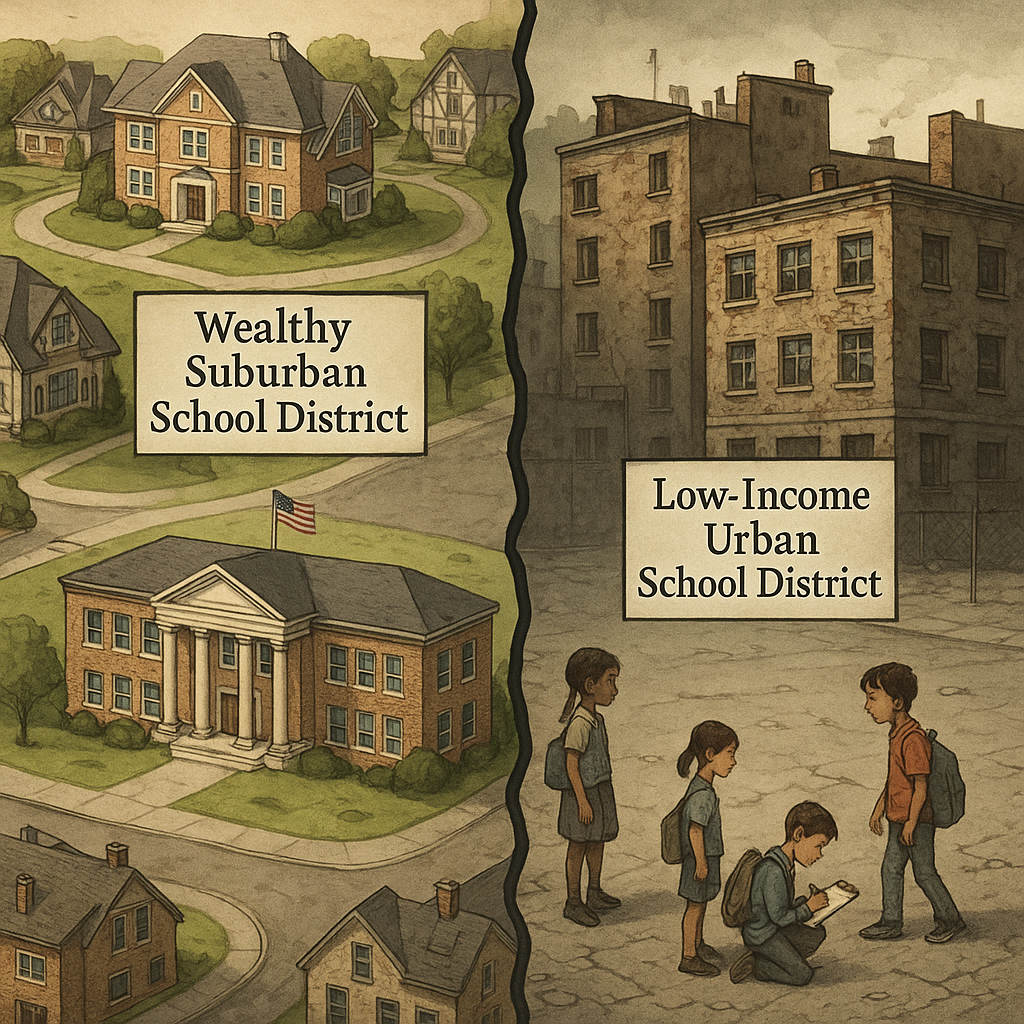 School tax inequality in the U.S. illustrated with contrasting district wealth and resources.