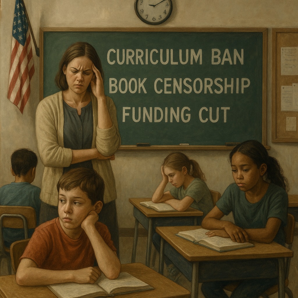 Political issues affecting student achievement shown as classroom distractions.