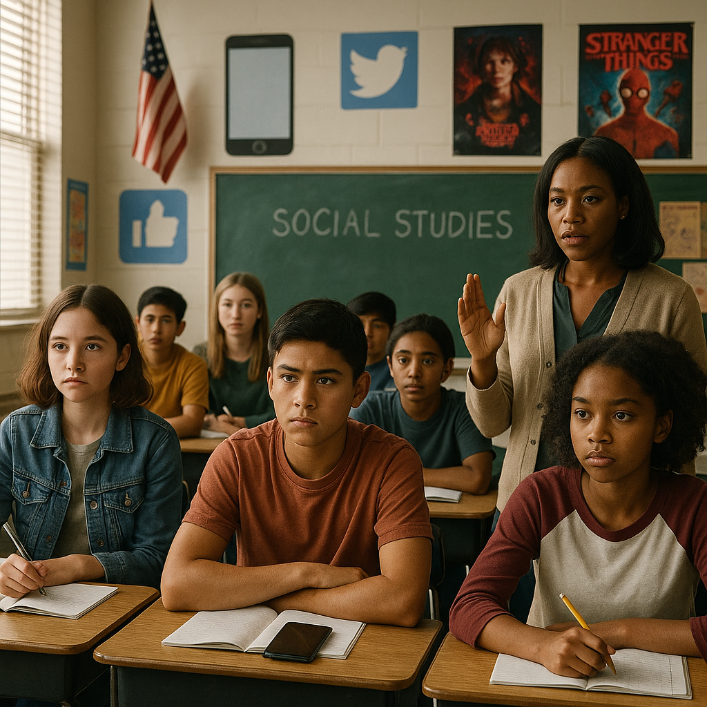 Students in a U.S. classroom managing cultural distractions with teacher guidance through education policy.