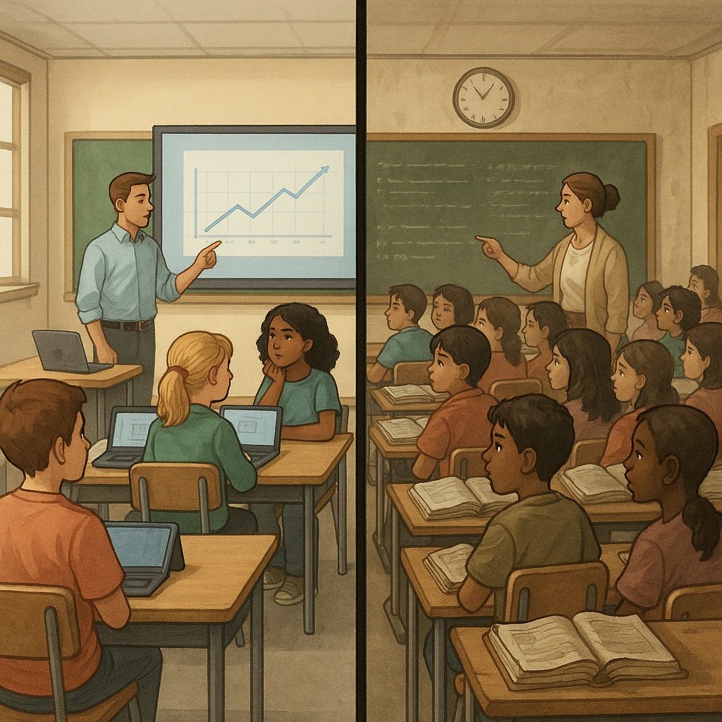 Illustration of public vs private school funding debate showing unequal resources and opportunities.