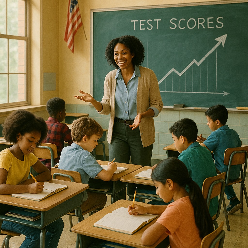 Teacher and students improving test scores in a public school