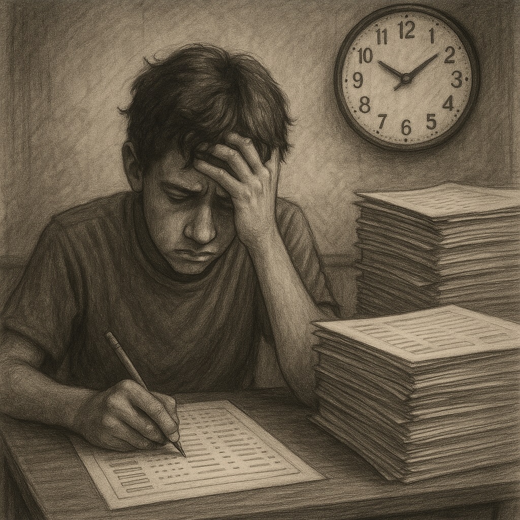 Student overwhelmed by standardized testing in a public school classroom.