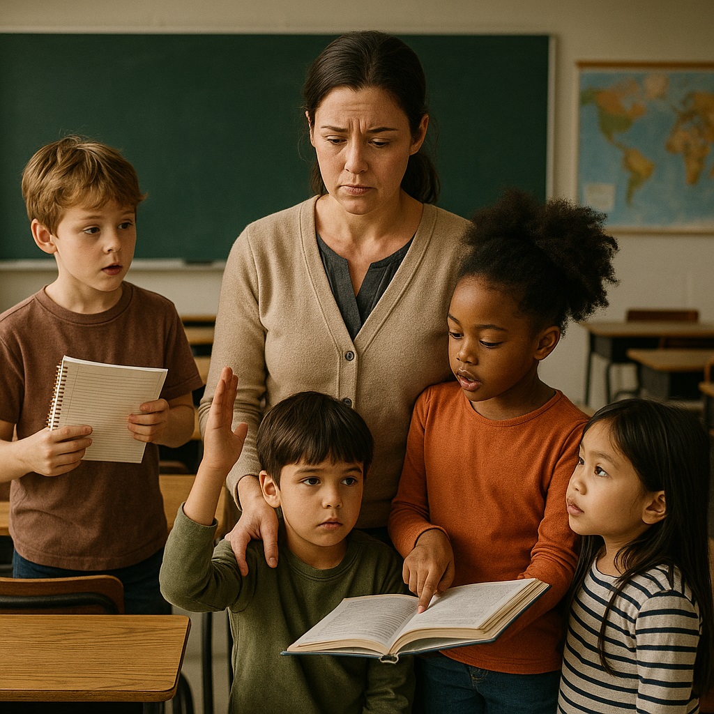 Overworked teacher in an American public school classroom facing challenges from teacher shortages.
