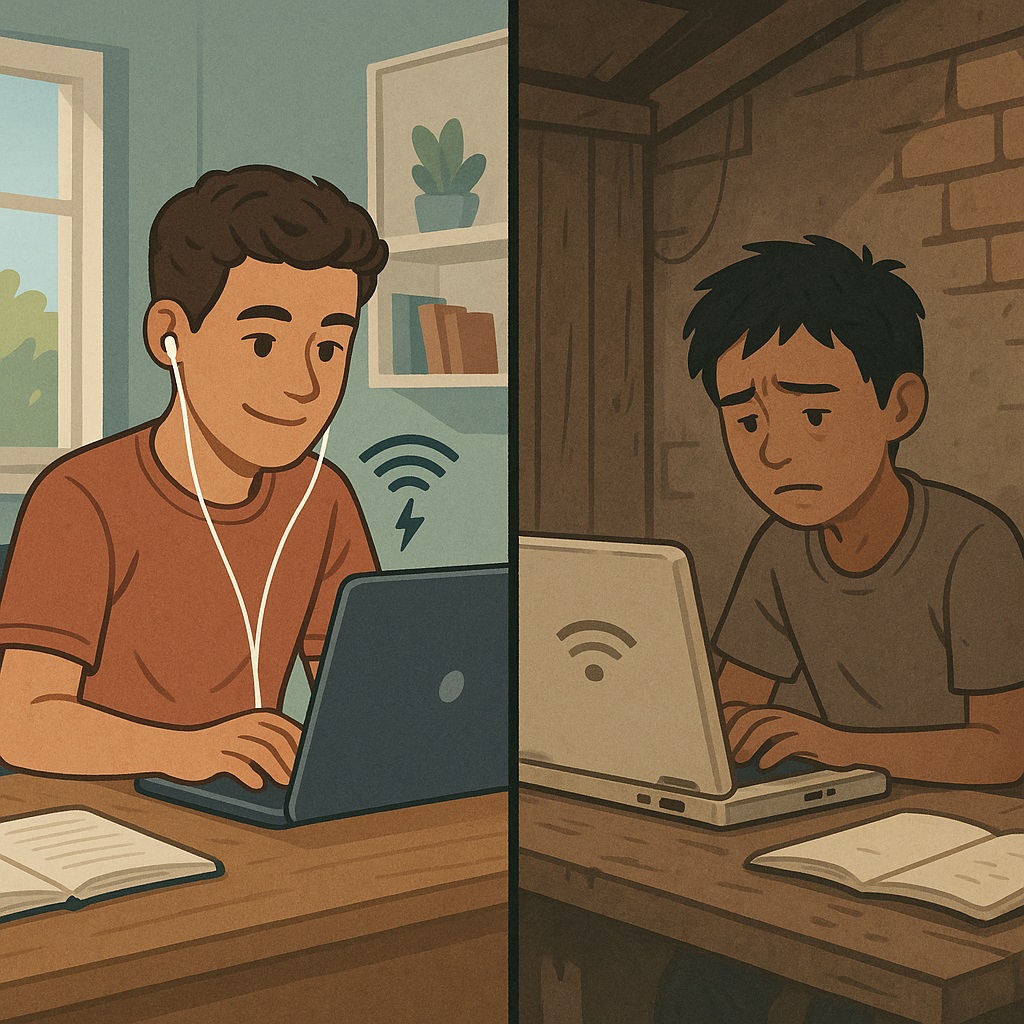 Students showing the digital divide in education with unequal access to technology.