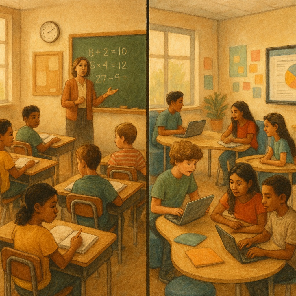 Split-screen of public and charter schools classrooms showing differences in learning styles.