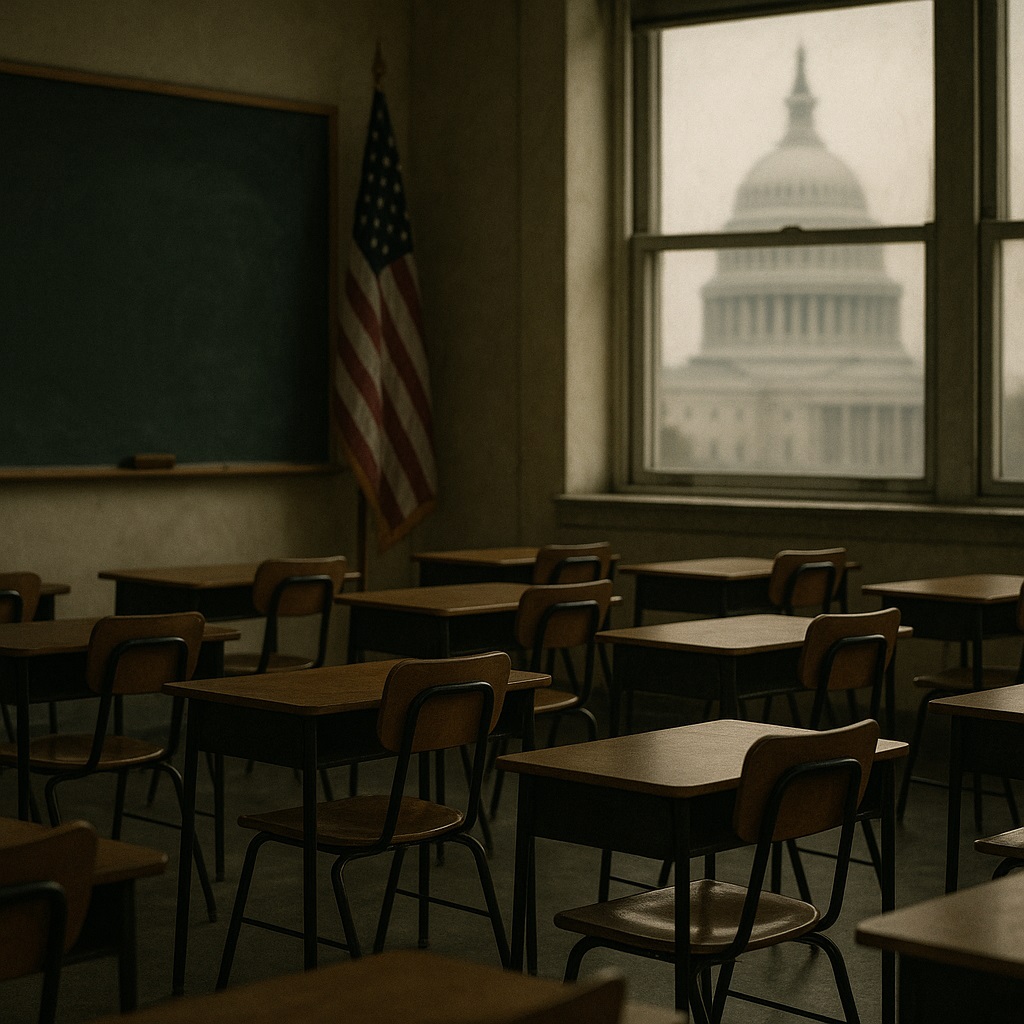 : Classroom desks with Capitol building in background representing school safety politics.