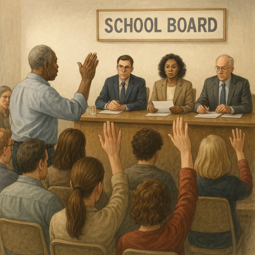 Community members and board officials debating school boards and politics in education.