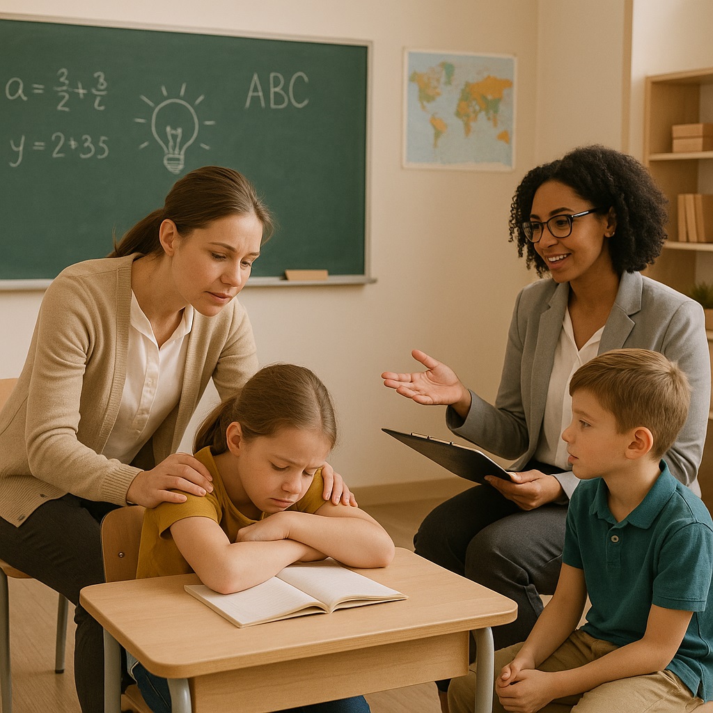 Students receiving mental health support in a school setting.