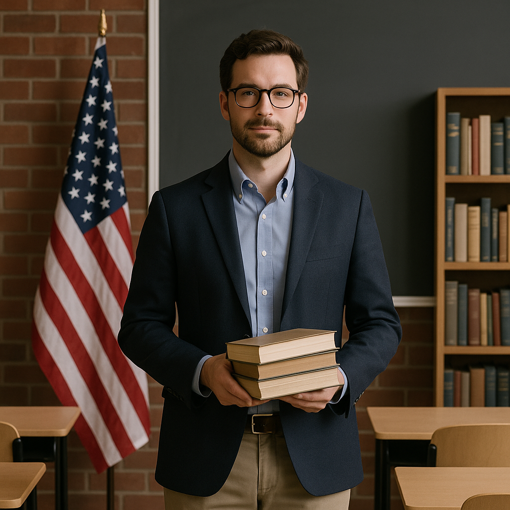 Teacher in a modern American classroom with U.S. flag and books, symbolizing education and politics.