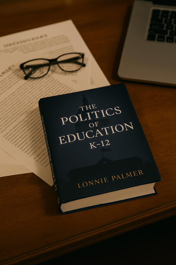 Hardcover book titled 'The Politics of Education K–12' by Lonnie Palmer placed on a wooden desk beside reading glasses, printed documents, and a laptop — educational policy book concept.