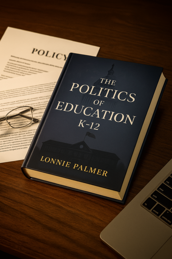 Open hardcover book titled “The Politics of Education: K–12” by Lonnie Palmer resting on a teacher’s wooden desk with policy papers, eyeglasses, and a laptop nearby, softly lit to create a warm, scholarly atmosphere.