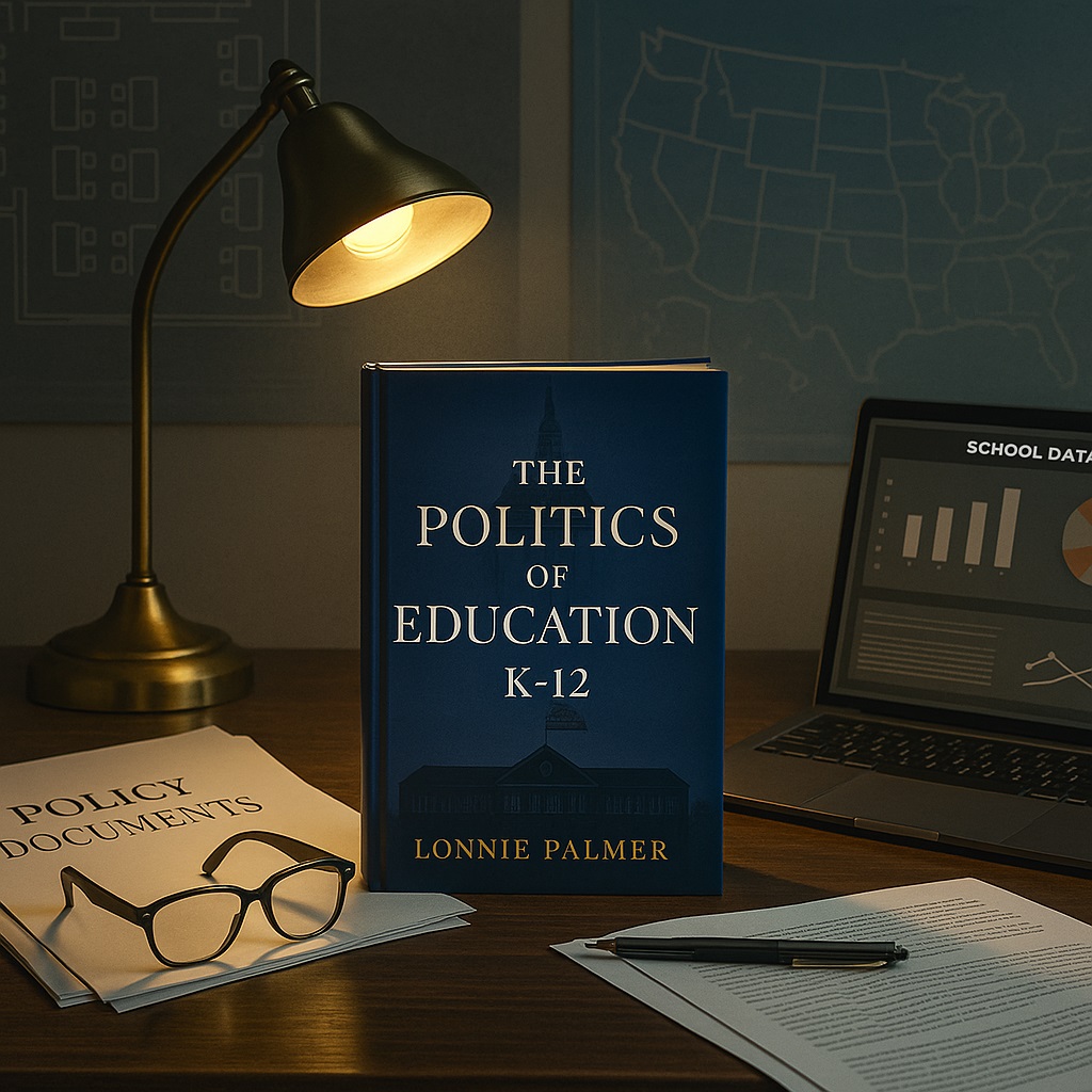 Professional desk setup with the book Politics of Education K to 12, policy documents, laptop showing school data charts, and workspace items representing education leadership and education reform.