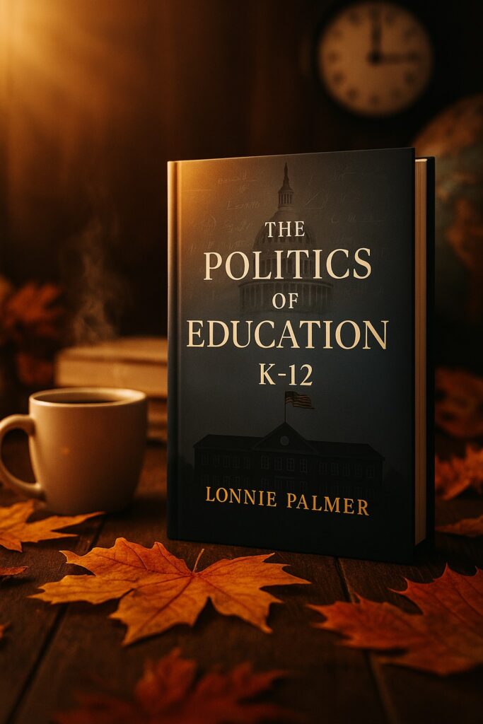 Politics in Education book by Lonnie Palmer surrounded by Thanksgiving leaves and decorations, perfect holiday gift for educators in the US