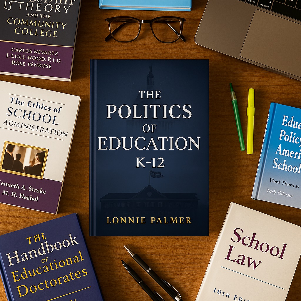 Flat lay of education leadership and policy books with the Politics of Education K to 12 book cover clearly visible on a desk.