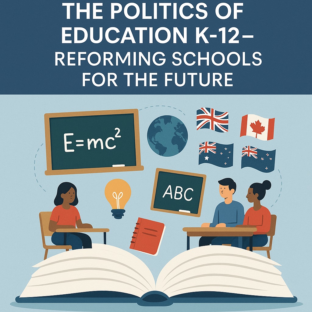 Open book on a wooden desk with pencils and a chalkboard background, featuring the title “The Politics of Education K-12 – Rethinking School Reform in the U.S.”