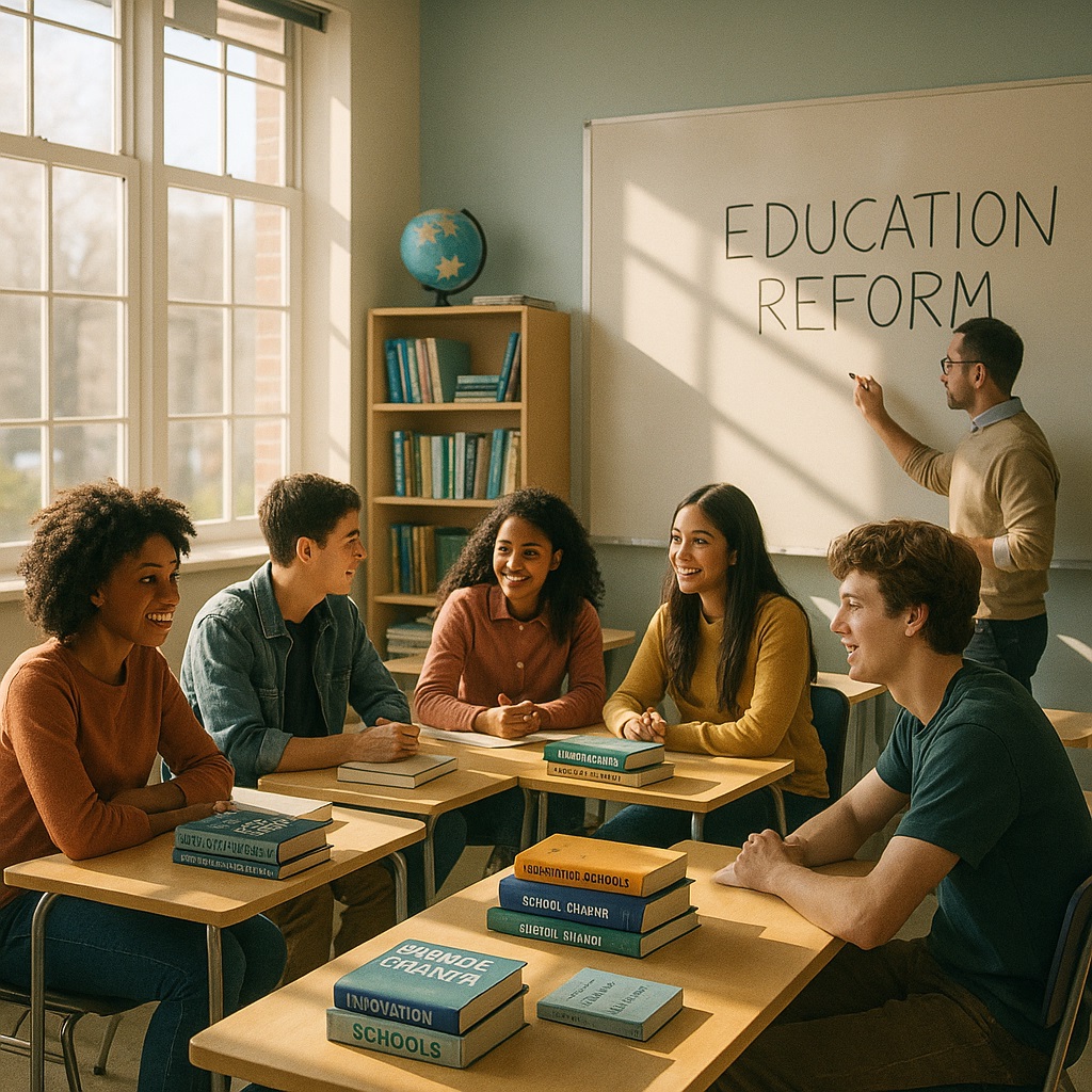 Modern American classroom with students and teacher discussing education reform books, symbolizing school improvement and learning