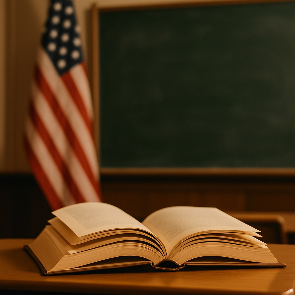 Open book on a classroom desk symbolizing political influence on education.