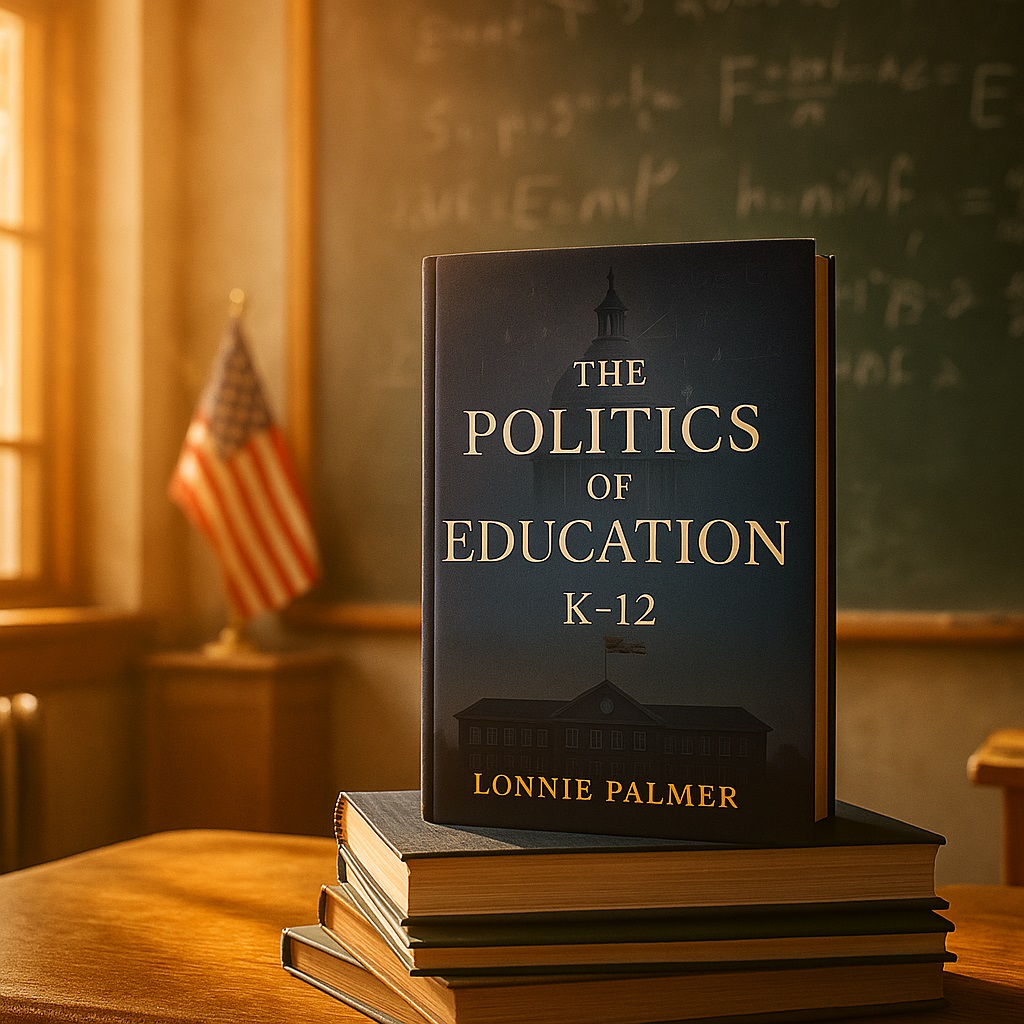 Politics & Education by Lonnie Palmer placed on a classroom desk beside other books about the American education system, with a chalkboard and U.S. flag in the background.