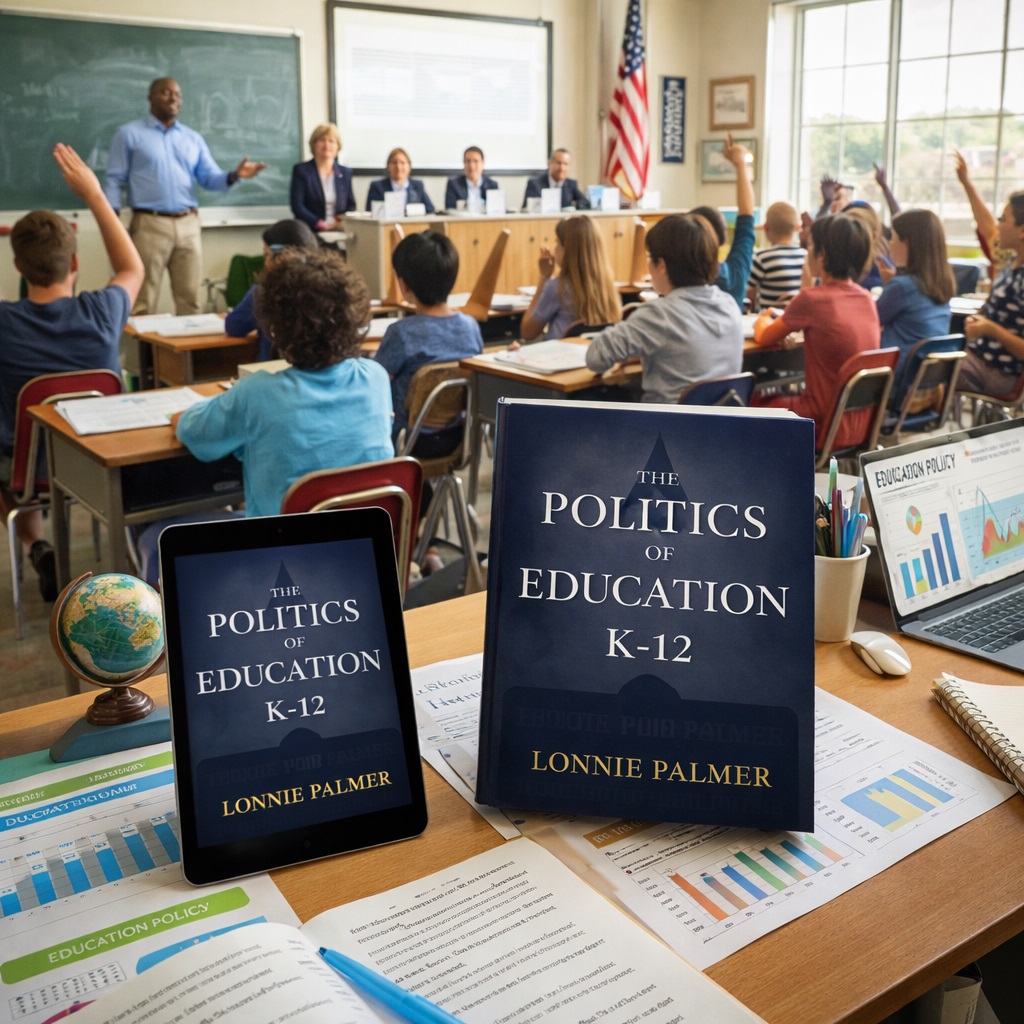 Classroom scene showing students and teachers engaged in learning with Politics of Education in K-12 book cover visible, illustrating K-12 school politics, education policy, and school governance.