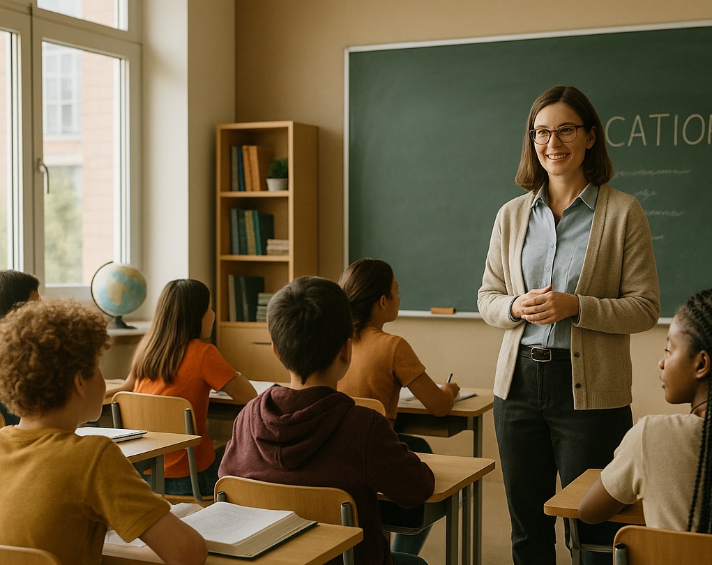 Teacher and students in a classroom with a book about education policy in the foreground