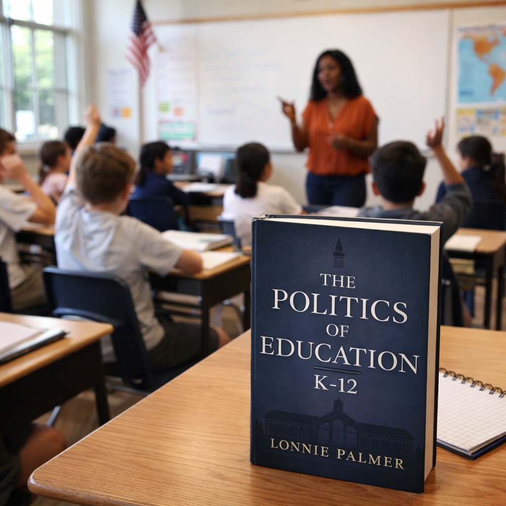 Realistic American K-12 classroom with students and teacher engaged in discussion, featuring the hardcover book Politics of Education in K-12 by Lonnie Palmer on a wooden desk in the foreground, natural daylight, documentary style, authentic learning environment.
