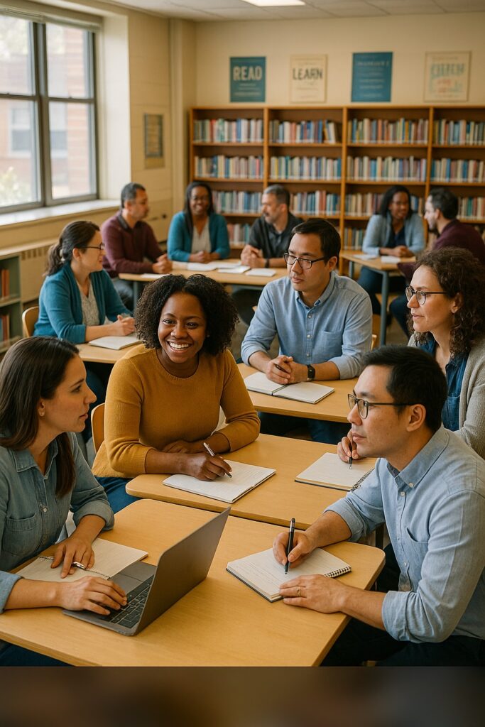 teacher professional development books displayed during a classroom training workshop