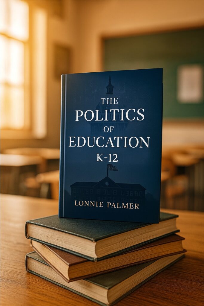 Stack of books with 'Politics of Education in K 12 by Lonnie Palmer' on top, highlighting top books about politics in American schools, with a blurred classroom background and warm natural lighting