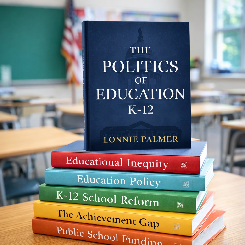 Stack of K-12 education books with Politics in Education K-12 by Lonnie Palmer on a desk in a bright classroom