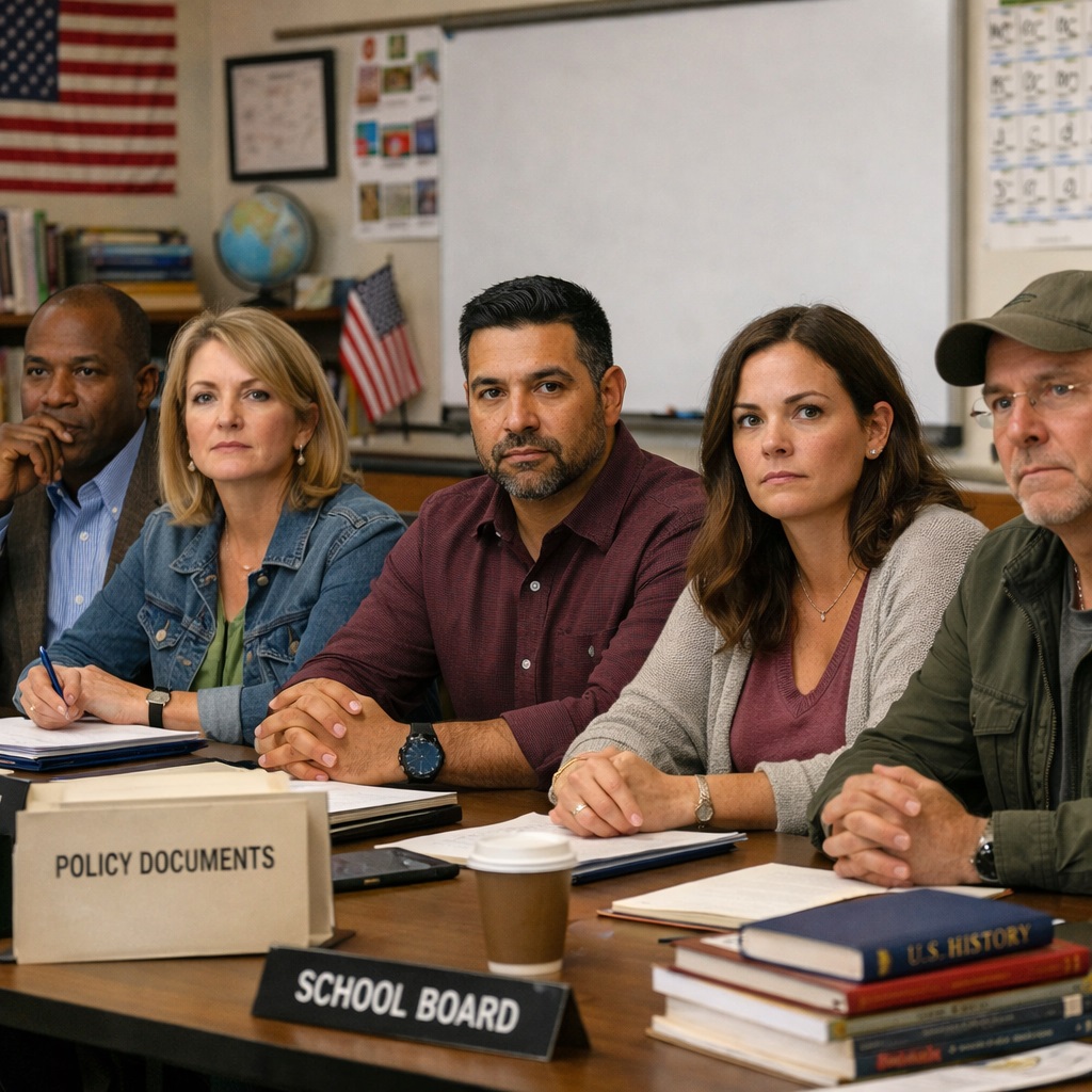 Diverse teachers and parents at a school board meeting discussing education policy and politics in K–12 schools