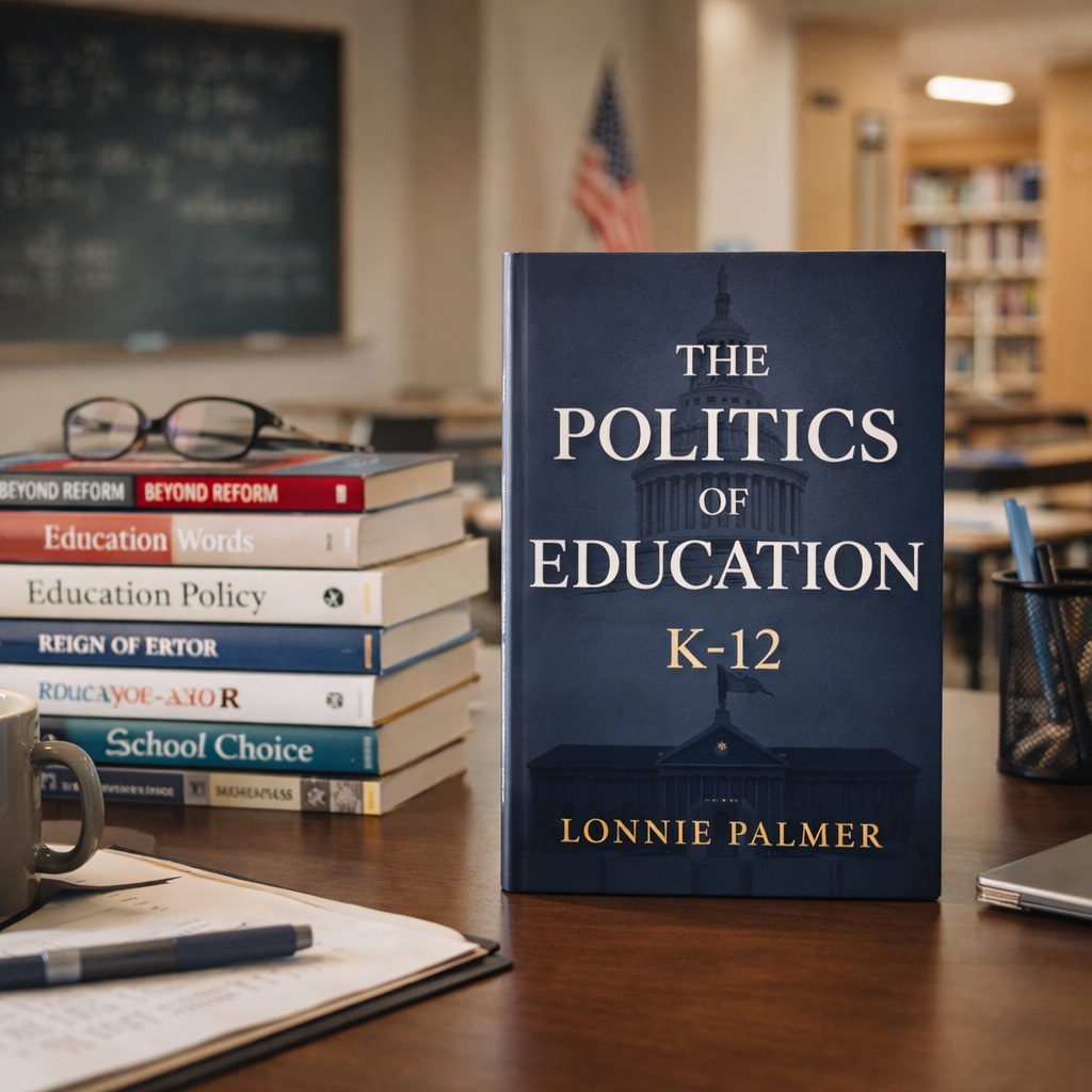 Best-selling education reform books featured on a desk with Politics of Education K-12 by Lonnie Palmer in a modern classroom setting