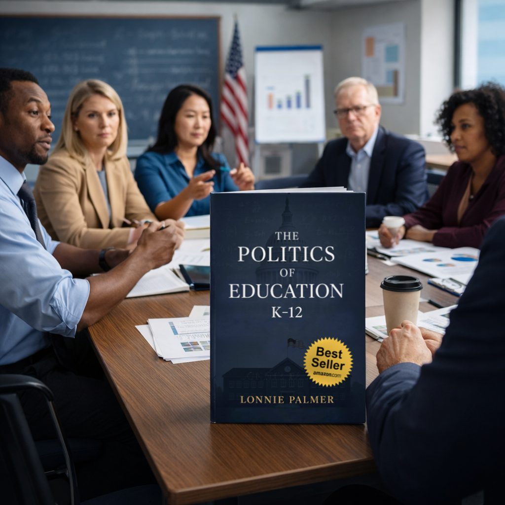 K-12 educators and policymakers discussing education policy with Politics of Education K-12 book by Lonnie Palmer displayed prominently