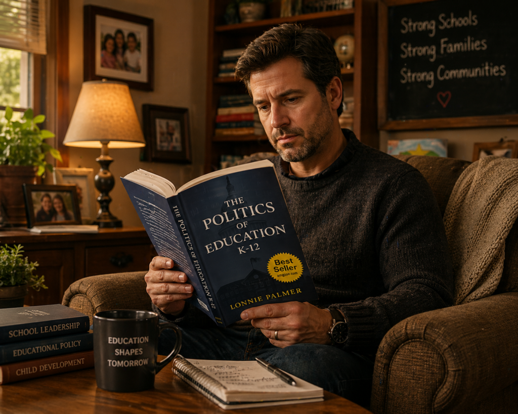 Parent reading Politics of Education K-12 book in a cozy living room, highlighting public school system issues and education policy discussion