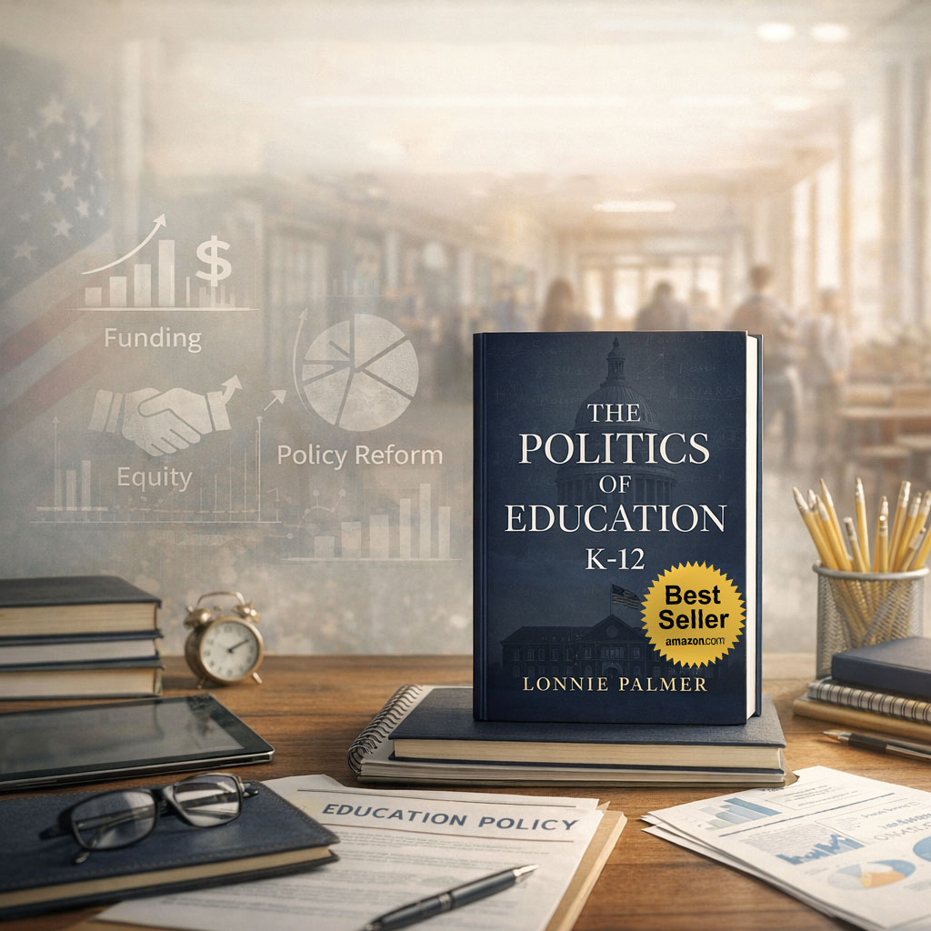 Politics of Education K-12 book by Lonnie Palmer displayed on a desk with school background representing K-12 education reform in the USA