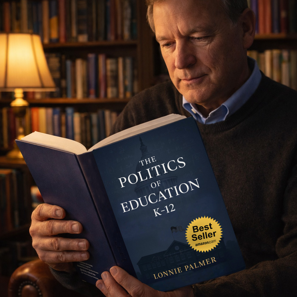 Order nonfiction education reform book The Politics of Education K-12 by Lonnie Palmer displayed in a cozy library setting