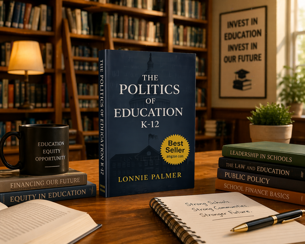 Politics of Education K-12 book by Lonnie Palmer displayed on a library table with warm lighting, surrounded by educational books highlighting school funding and education policy.
