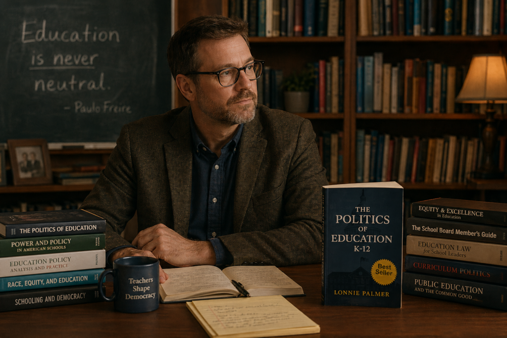 Teacher in a classroom surrounded by books on educational politics, featuring “Politics of Education K-12,” representing how to purchase a book about politics in public schools