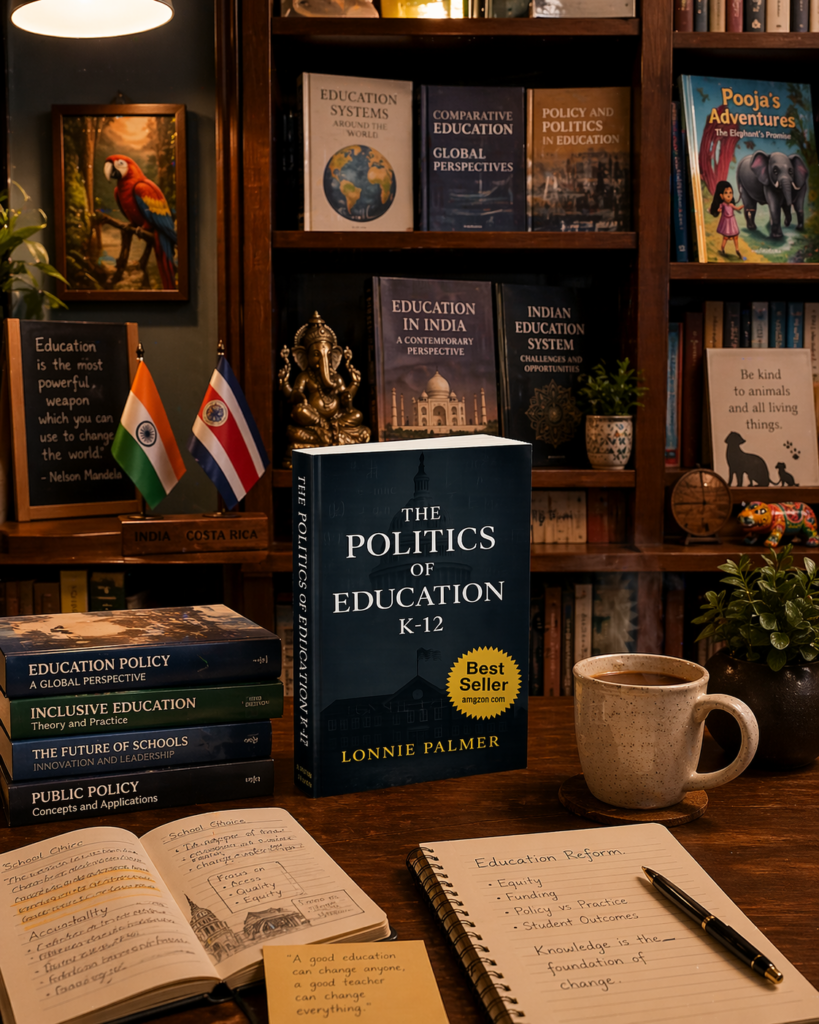 The Politics of Education K-12 by Lonnie Palmer displayed on a wooden table in a cozy bookstore setting with warm lighting, surrounded by education policy books, notes, and a cup of coffee creating a scholarly atmosphere