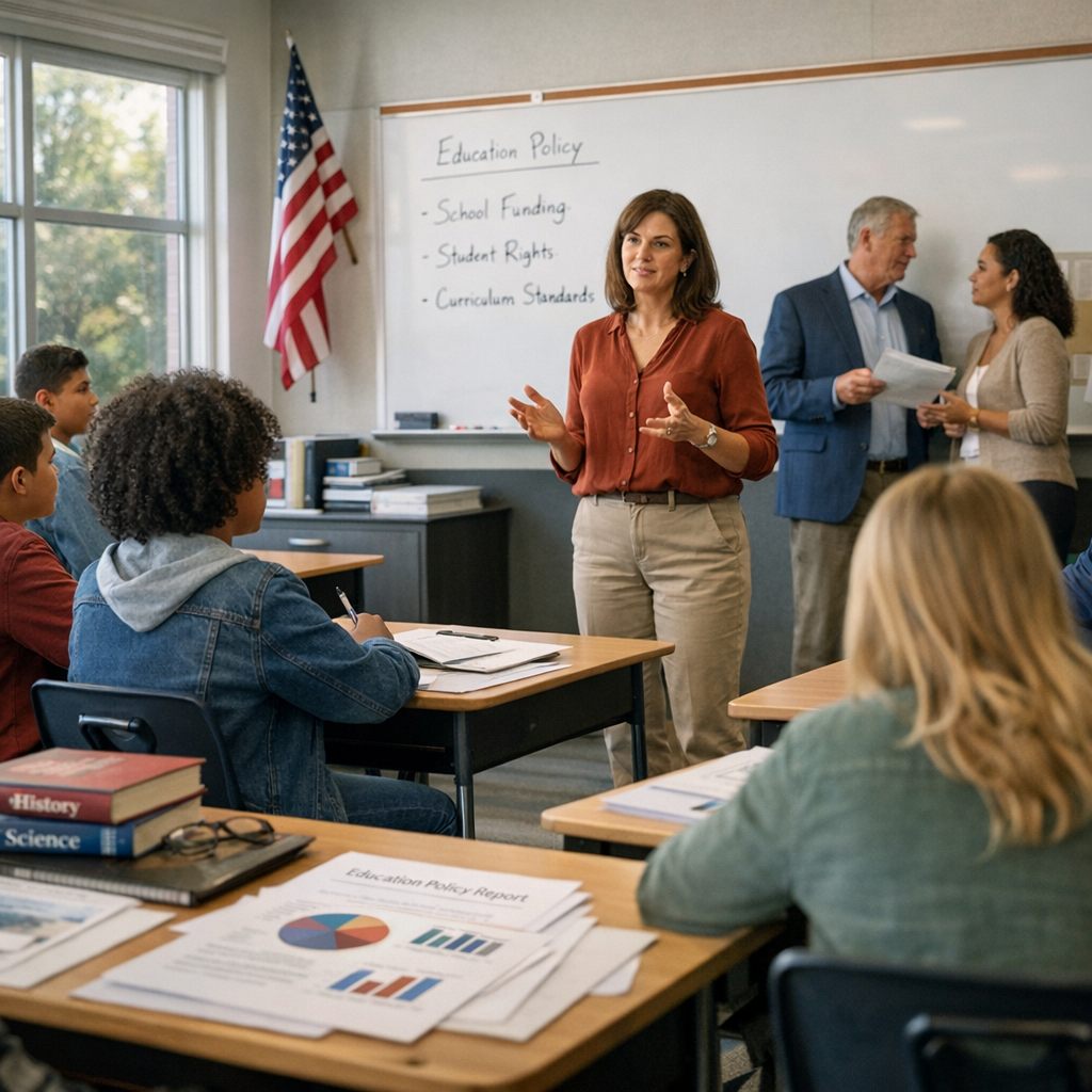 Modern K-12 classroom with teacher, students, and administrators discussing education policy and school reform