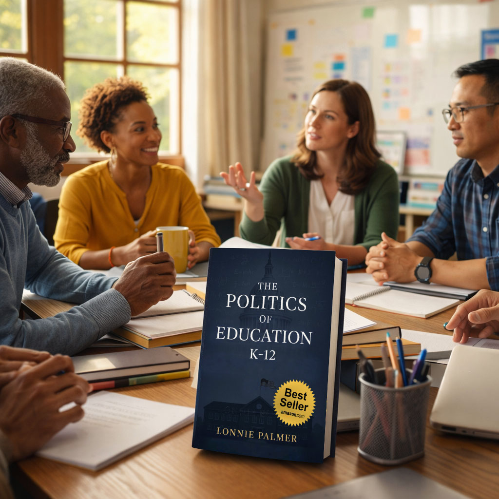 Educators discussing Politics of Education K-12 book in classroom, purchase K-12 education reform book concept