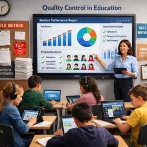 Quality control in education classroom scene with teacher analyzing student data on digital board while students actively engage in learning activities