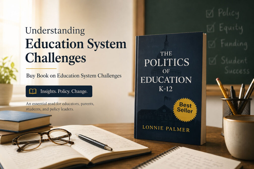 Cover of the book 'Politics of Education K-12' by Lonnie Palmer, addressing education system challenges.