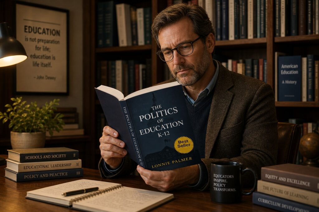 Person reading Politics of Education K-12 book in a cozy library, representing education system problems, funding disparities, and education reform in the United States.