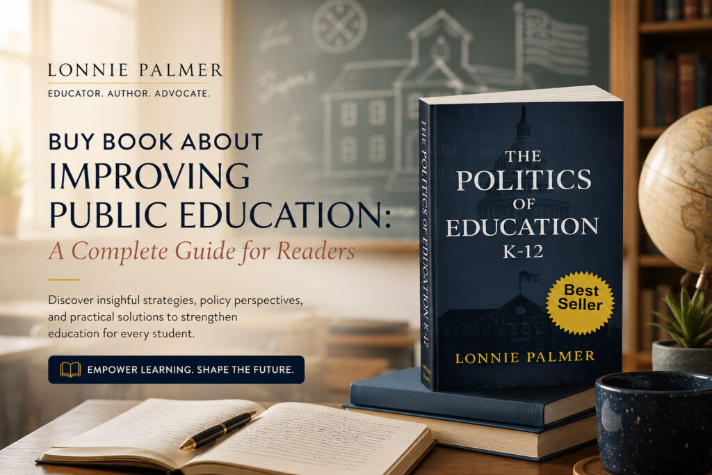 A professional blog banner featuring a book about improving public education, showcasing the importance of educational reform and community engagement.